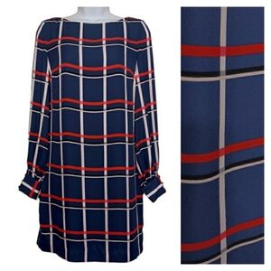 BANANA REPUBLIC Blue Red Plaid Print Long Sleeve Mini Shift Dress 0 (XS)